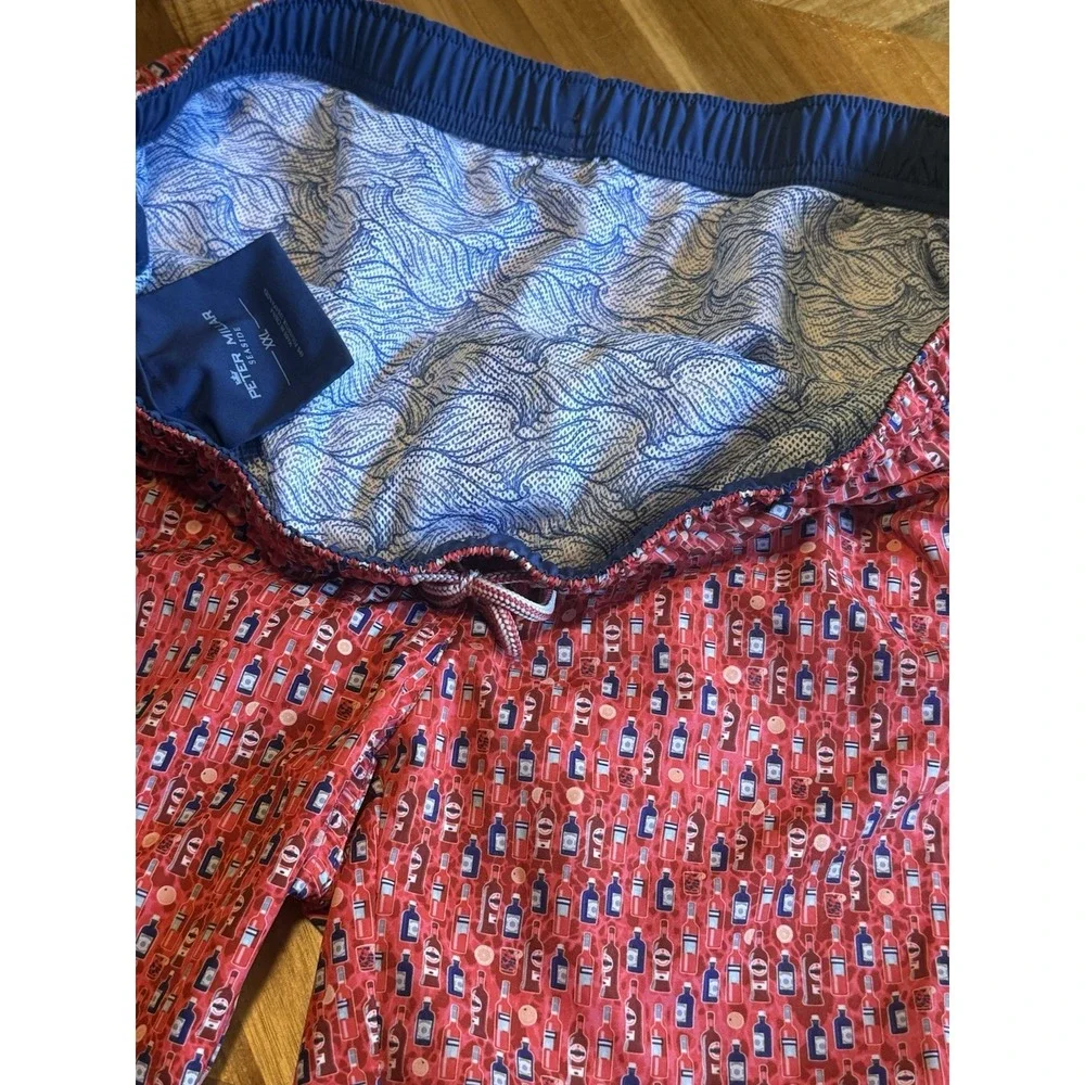 Peter Millar Seaside Aperitif Swim Trunks Shorts Drink Bottles Print Red Men XXL